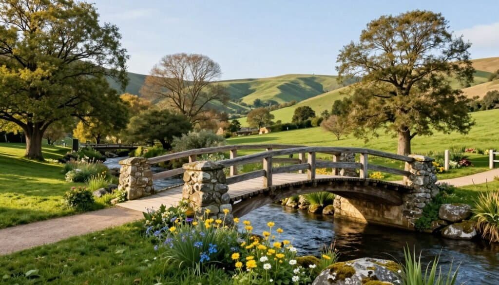 A picturesque rustic bridge set in a tranquil countryside landscape, featuring weathered wooden beams and charming stone accents. In the foreground, vibrant wildflowers bloom alongside moss-covered stones at the bridge's entrance. The middle ground showcases the bridge arched gracefully over a gently flowing creek, surrounded by lush greenery and leafy trees, enhancing the serene atmosphere. In the background, rolling hills stretch under a clear blue sky, illuminated by soft, warm sunlight that creates gentle shadows, evoking a peaceful and inviting mood. The scene is captured with a wide-angle lens to emphasize the beauty of the landscape and the bridge, inspiring thoughts of DIY garden projects and outdoor aesthetics. The overall ambiance feels airy and well-lit, showcasing the essence of rustic charm in nature.
