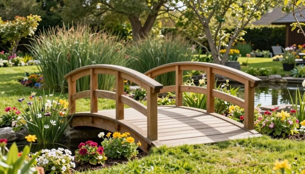 A picturesque small garden bridge, gracefully arched and made from natural wood, set amidst a vibrant backyard landscape. In the foreground, colorful flowers bloom alongside the bridge, while lush green grass gently frames the scene. The middle ground features the bridge itself, adorned with delicate carvings and a weathered finish that hints at its charm. In the background, a serene pond reflects the sky, surrounded by tall grasses and leafy trees. The image is illuminated by bright, soft sunlight that casts gentle shadows, creating a warm and inviting atmosphere. The perspective is slightly elevated, allowing for a wide view of the garden setting, capturing the inviting essence of a well-loved backyard escape. No text or distractions are included.