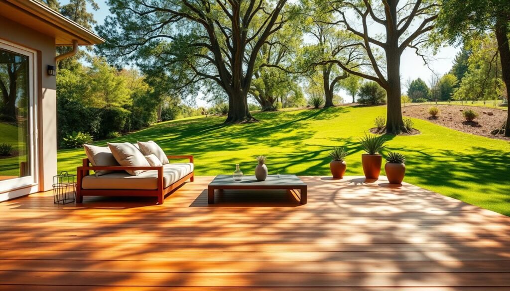 A picturesque wooden deck platform set in a serene backyard, designed for cozy lounging. In the foreground, a smooth, polished wooden deck with rich, warm tones, featuring comfortable outdoor cushions and an elegant, minimalist coffee table. In the middle ground, lush green grass and decorative potted plants enhance the inviting atmosphere. The background showcases a gentle slope with tall trees and soft, leafy branches, allowing dappled sunlight to filter through, creating a peaceful ambiance. The scene is illuminated by bright natural light, capturing the warmth of a sunny day. A wide-angle perspective emphasizes the spaciousness of the deck, inviting viewers to imagine relaxation and tranquility in this outdoor retreat. The mood is calm, inviting, and perfect for backyard gatherings. A picturesque wooden deck platform set in a serene backyard, designed for cozy lounging. In the foreground, a smooth, polished wooden deck with rich, warm tones, featuring comfortable outdoor cushions and an elegant, minimalist coffee table. In the middle ground, lush green grass and decorative potted plants enhance the inviting atmosphere. The background showcases a gentle slope with tall trees and soft, leafy branches, allowing dappled sunlight to filter through, creating a peaceful ambiance. The scene is illuminated by bright natural light, capturing the warmth of a sunny day. A wide-angle perspective emphasizes the spaciousness of the deck, inviting viewers to imagine relaxation and tranquility in this outdoor retreat. The mood is calm, inviting, and perfect for backyard gatherings.