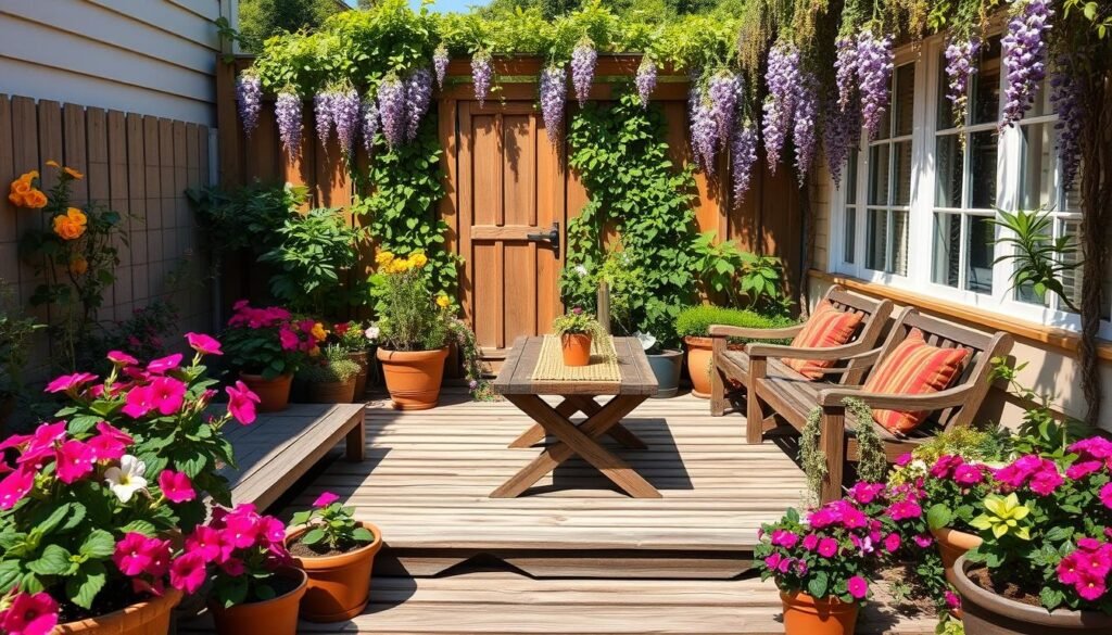 A quaint backyard patio adorned with colorful flowers and lush greenery. In the foreground, a wooden seating platform is surrounded by vibrant flower pots, including geraniums and petunias, adding splashes of pink and purple. The middle of the scene features a rustic wooden table set with a woven table runner and small potted succulents. In the background, a charming garden fence complements the cottage design, partially covered by climbing vines and blooming wisteria. The setting is bathed in soft sunlight, creating warm, inviting illumination and casting gentle shadows. Capture this serene atmosphere with a slight wide-angle view to encompass the cozy essence of this hidden retreat. A quaint backyard patio adorned with colorful flowers and lush greenery. In the foreground, a wooden seating platform is surrounded by vibrant flower pots, including geraniums and petunias, adding splashes of pink and purple. The middle of the scene features a rustic wooden table set with a woven table runner and small potted succulents. In the background, a charming garden fence complements the cottage design, partially covered by climbing vines and blooming wisteria. The setting is bathed in soft sunlight, creating warm, inviting illumination and casting gentle shadows. Capture this serene atmosphere with a slight wide-angle view to encompass the cozy essence of this hidden retreat.