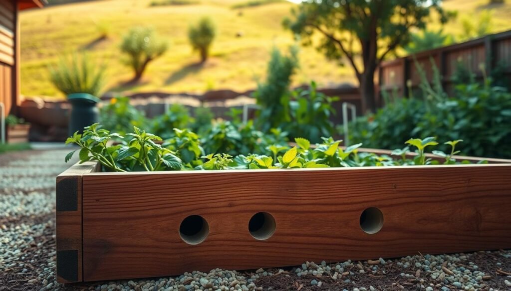 A raised garden bed in a vibrant backyard setting, showcasing a detailed drainage plan. In the foreground, focus on the structure of the garden bed made of rich, weathered wood, with drainage holes visibly incorporated into the design. Surrounding the bed, lush green soil is sprinkled with natural mulch, and small gravel paths lead to the bed, emphasizing accessibility. In the middle ground, various herbs and vegetables thrive, illustrating a healthy garden ecosystem. The background features a gentle hillside with a few trees, basking under soft, natural sunlight that creates a warm and inviting atmosphere. The angle captures the scene from a slightly elevated perspective, ensuring clarity of the drainage features. The overall mood is serene and productive, perfect for a gardening enthusiast’s dream.
