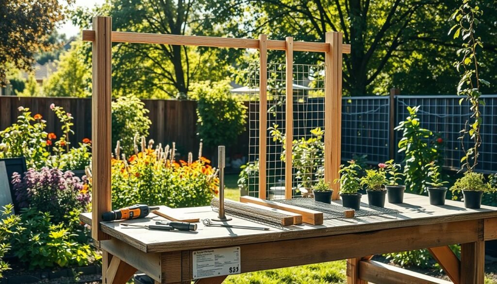 A realistic depiction of a DIY garden trellis construction scene. In the foreground, a partially assembled wooden trellis frame made of sturdy, untreated lumber, showing marked measurements and tools like a saw and drill nearby. The middle ground features various essential materials such as wooden posts, wire mesh, and climbing plant seedlings, arranged neatly on a weathered workbench. In the background, a sunlit garden filled with vibrant flowers and greenery, with soft sunlight streaming through leafy trees, creating an airy atmosphere. The angle is slightly elevated, capturing the entire setup in bright natural light, aiming to evoke a sense of tranquility and inspiration for gardening enthusiasts.
