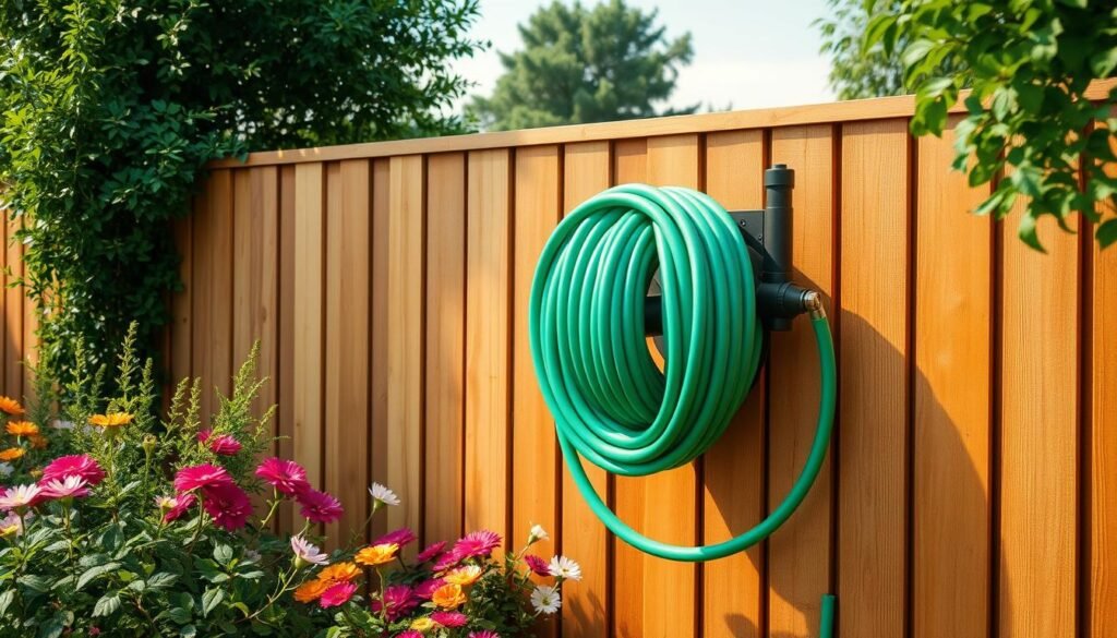 A realistic depiction of a wall-mounted hose reel installed on a wooden fence in a well-maintained garden. The foreground features the sturdy, neatly coiled garden hose attached to the reel, showcasing its bright green color against the warm tones of the natural wood. In the middle ground, vibrant flowers bloom around the base of the fence, adding lively splashes of color, while a variety of lush greenery frames the scene. The background should include a clear sky and hints of distant trees, with soft, diffused sunlight illuminating the entire composition. The angle is slightly above eye level to capture both the hose reel and the inviting garden atmosphere, conveying a sense of organization and serenity in outdoor space management.
