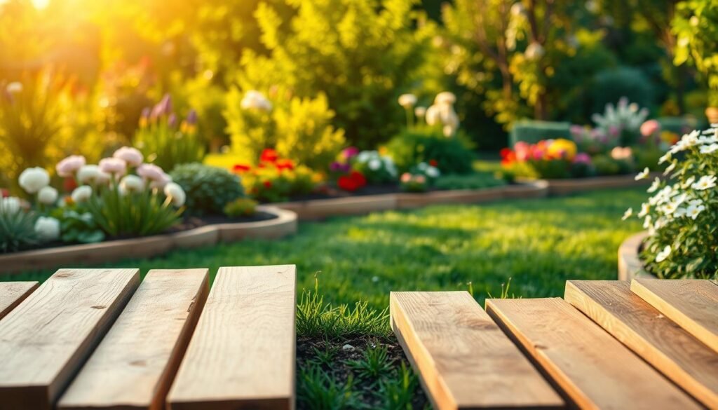 A realistic depiction of wooden landscape edging materials arranged in a garden setting. In the foreground, focus on various types of untreated cedar and oak boards, showcasing their natural grain and texture. In the middle ground, illustrate the edged garden beds lined with these wooden materials, emphasizing their role in defining flower beds and pathways. The background should feature a lush, green garden with blooming flowers and shrubs, bathed in soft, warm sunlight, conveying a tranquil atmosphere. The scene should evoke a sense of harmony with nature, using a shallow depth of field with a soft blur in the background, enhancing the focus on the wooden materials. Capture this setting from a slightly elevated angle to provide a comprehensive view of the landscape.