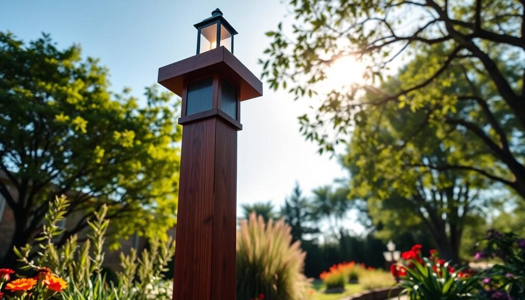 A realistic, detailed ipe wood lamppost standing proudly in a serene garden setting. In the foreground, the rich, dark brown hues of the ipe wood highlight its smooth grain and sturdy structure. The lamppost is elegantly designed, featuring a soft-glowing lantern at the top, casting warm light on the surrounding area. In the middle ground, lush greenery and colorful flowers gently frame the lamppost, enhancing its natural beauty. The background reveals a clear blue sky, with soft, diffused sunlight filtering through tree leaves, creating a tranquil atmosphere. The scene is captured from a slightly low angle, emphasizing the height and craftsmanship of the post while ensuring the mood is inviting and warm, perfect for an outdoor space. A realistic, detailed ipe wood lamppost standing proudly in a serene garden setting. In the foreground, the rich, dark brown hues of the ipe wood highlight its smooth grain and sturdy structure. The lamppost is elegantly designed, featuring a soft-glowing lantern at the top, casting warm light on the surrounding area. In the middle ground, lush greenery and colorful flowers gently frame the lamppost, enhancing its natural beauty. The background reveals a clear blue sky, with soft, diffused sunlight filtering through tree leaves, creating a tranquil atmosphere. The scene is captured from a slightly low angle, emphasizing the height and craftsmanship of the post while ensuring the mood is inviting and warm, perfect for an outdoor space.