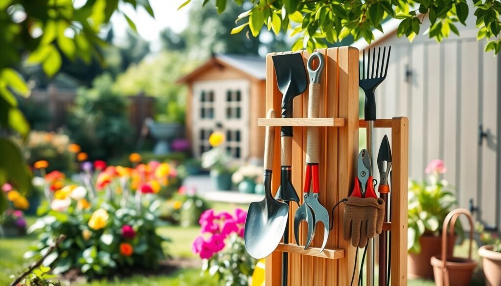 A realistic freestanding garden tool rack made of natural wood, showcasing various garden tools neatly organized and easily accessible. In the foreground, the rack displays tools like a spade, rake, pruning shears, and gloves, all arranged with care. The middle section captures a vibrant backyard garden with colorful flowers and lush greenery, creating a lively atmosphere. In the background, a soft-focus shed and garden fence enhance the scene. The lighting is bright and natural, with soft sunlight filtering through the leaves, creating a warm and inviting mood. The angle is slightly elevated, providing a clear view of the rack and its surroundings, highlighting the practicality and charm of an organized backyard layout.