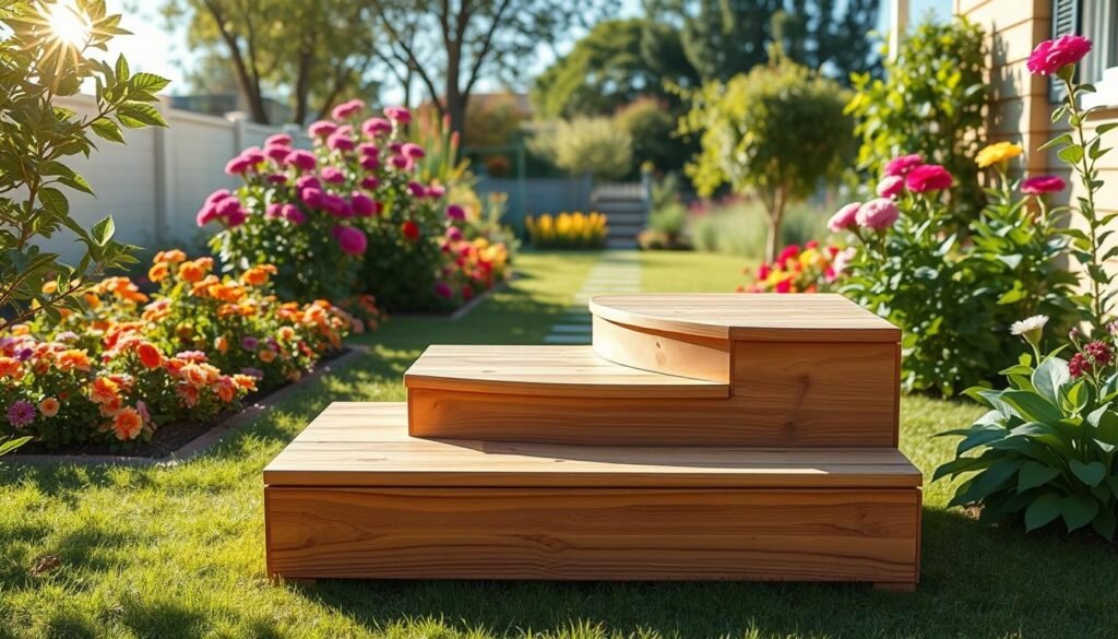 A realistic wooden garden step platform situated in a lush backyard garden, crafted from high-quality timber with smooth, polished surfaces and gentle curves. In the foreground, the platform features three sturdy steps, adorned with subtle wood grain and knots, each illuminated by soft, warm sunlight filtering through nearby foliage. The middle ground has vibrant flower beds on either side, showcasing colorful blooms and green plants. In the background, a peaceful garden with a bright blue sky creates a serene atmosphere. The image captures a sense of tranquility and craftsmanship, emphasizing the practicality and aesthetic appeal of the garden step platform. The scene is well-lit, airy, and inviting, perfect for illustrating a DIY gardening project.