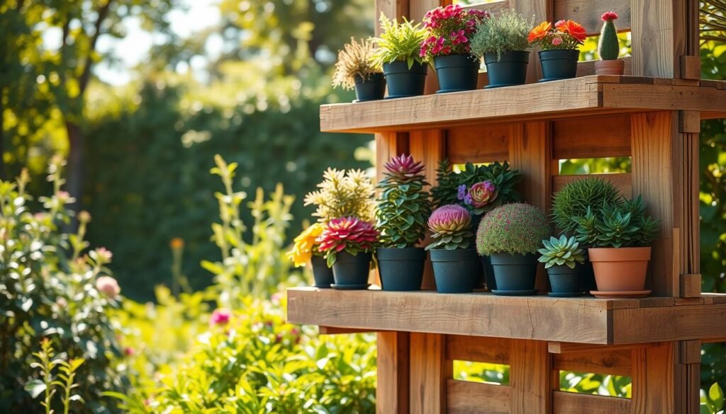 A rustic DIY pallet plant shelf prominently displayed in a sunlit garden setting. In the foreground, the shelf is made from weathered wooden pallets, showcasing an array of vibrant potted plants, including succulents and colorful flowers. The middle section captures the shelf's structure, revealing its unique tiered design and natural wood texture. In the background, a lush, green garden enhances the atmosphere, with soft sunlight filtering through the leaves, casting gentle shadows. The scene is photographed from a slight low angle to emphasize the height of the shelf, creating an inviting and warm mood. The overall composition is airy and well-lit, perfect for a home décor project.