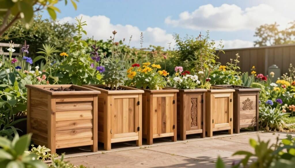 A rustic, attractive wooden compost bin designed for garden use, featuring five distinct styles. The foreground showcases detailed craftsmanship, highlighting varying textures of wood – some bins with slatted designs, others with vertical planks, and one with ornate carvings. In the middle, lush greenery surrounds the compost bins, with colorful flowers interspersed, creating a vibrant garden atmosphere. The background includes a bright blue sky with soft, fluffy clouds, allowing warm sunlight to filter through, casting gentle shadows. A well-maintained garden pathway leads to the bins, inviting viewers to explore. The overall mood is serene and inviting, emphasizing the beauty of sustainable gardening in a natural, airy setting. The image is well-lit, with a focus on the details of the woodwork and the surrounding foliage.