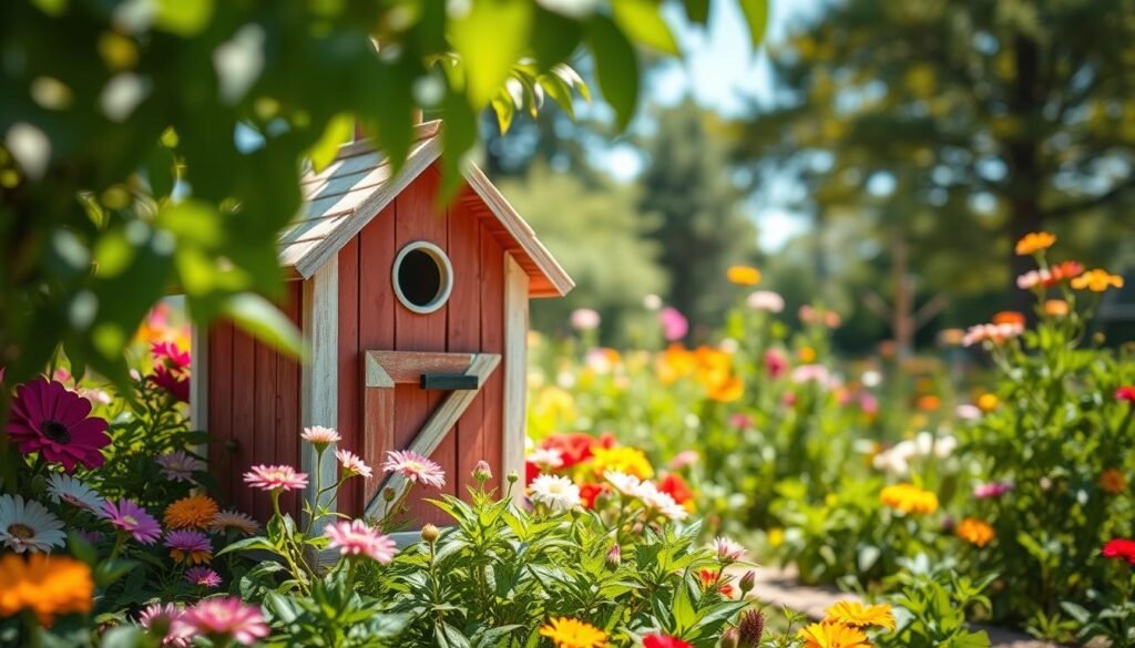 A rustic barn-style birdhouse nestled in a vibrant garden, surrounded by colorful flowers and lush greenery. The birdhouse, crafted from weathered wood and featuring a classic red barn color with white accents, is adorned with charming details like a small wooden perch and a slanted roof. In the foreground, soft sunlight filters through the leaves, creating gentle dappling on the ground. The middle ground displays a variety of blooming plants, inviting a sense of abundance. In the background, a soft-focus of trees and a clear blue sky enhances the peaceful atmosphere. The scene is bright and airy, capturing a serene moment in nature, ideal for attracting backyard wildlife.