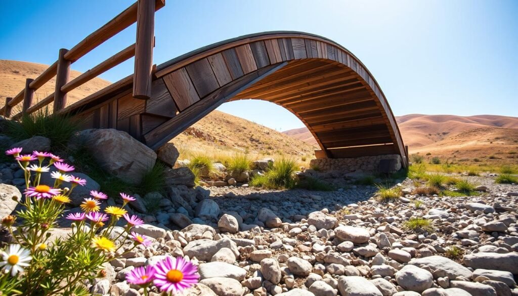 A rustic dry creek bed bridge, elegantly arching over a rocky, dry riverbed filled with smooth pebbles and sparse greenery. In the foreground, vibrant wildflowers bloom around the bridge, adding colorful splashes against the earthy tones. The middle ground features the bridge’s weathered wooden planks, showcasing intricate wood grain details and sturdy railings, surrounded by soft patches of grass. In the background, gentle rolling hills are bathed in warm, soft sunlight, creating a serene atmosphere. The scene is captured from a low angle to emphasize the bridge’s graceful arch under a clear blue sky, evoking a sense of tranquility and harmony with nature. The lighting is bright and airy, enhancing the beauty of the landscaping.