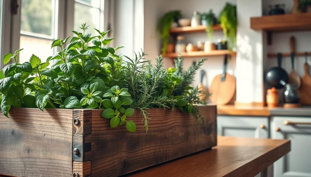 A rustic kitchen herb planter box overflowing with fresh, vibrant herbs such as basil, rosemary, and thyme. The planter is made from weathered wood, showing unique grain patterns and corners with small, delicate plant labels. In the foreground, an inviting, sunlit kitchen with soft sunlight streaming through a nearby window, illuminating the herbs. The middle ground features the herb planter placed on a wooden countertop adorned with cooking utensils. In the background, a cozy kitchen scene showcases rustic decor elements—shelves filled with spices, plants cascading down, and light-colored walls that enhance the airy atmosphere. Capture a warm, inviting mood, using a slightly elevated angle to emphasize the freshness and accessibility of home-grown herbs in the kitchen. A rustic kitchen herb planter box overflowing with fresh, vibrant herbs such as basil, rosemary, and thyme. The planter is made from weathered wood, showing unique grain patterns and corners with small, delicate plant labels. In the foreground, an inviting, sunlit kitchen with soft sunlight streaming through a nearby window, illuminating the herbs. The middle ground features the herb planter placed on a wooden countertop adorned with cooking utensils. In the background, a cozy kitchen scene showcases rustic decor elements—shelves filled with spices, plants cascading down, and light-colored walls that enhance the airy atmosphere. Capture a warm, inviting mood, using a slightly elevated angle to emphasize the freshness and accessibility of home-grown herbs in the kitchen.