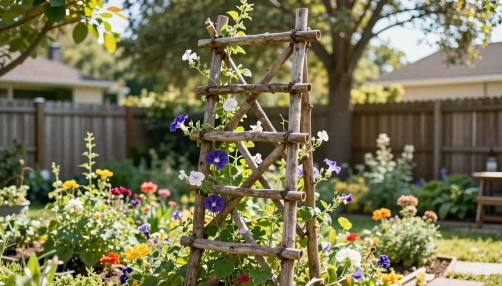 A rustic stick trellis made from natural, weathered branches is the focal point of the image, positioned prominently in the foreground. The trellis features a crisscross design, showcasing various climbing plants such as morning glories and sweet peas gently climbing its wooden structure. In the middle ground, a well-tended garden flourishes with colorful flowers and lush green foliage, reflecting a harmonious blend with nature. The background captures a serene backyard scene, with a soft-focus of a wooden fence and tall trees framing the space. Bright, natural sunlight filters through the leaves, creating a warm and inviting atmosphere, while soft shadows add depth. The composition is captured from a low angle, giving prominence to the trellis and enhancing its rustic charm, emphasizing a cozy outdoor setting.