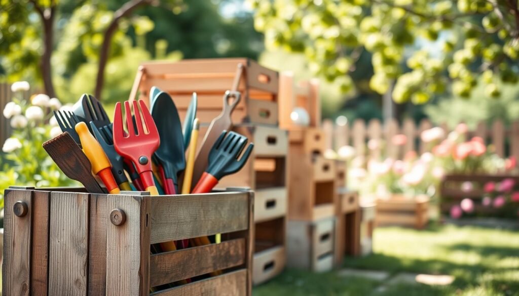 A rustic wooden crate storage organizer, beautifully stacked in a bright, airy garden setting. In the foreground, a weathered wooden crate is filled with an assortment of colorful gardening tools—trowels, pruners, and gloves—arranged neatly. The middle ground shows additional crates and boxes of varying sizes, organized in a creative and functional manner, showcasing their natural wood grain and texture. In the background, a lush green garden with blooming flowers softly blurs out, enhanced by soft, warm sunlight filtering through tree branches, creating a serene and inviting atmosphere. The overall mood is organized, practical, and warm, ideal for a backyard workspace. The image is captured with a shallow depth of field to accentuate the crates in focus.