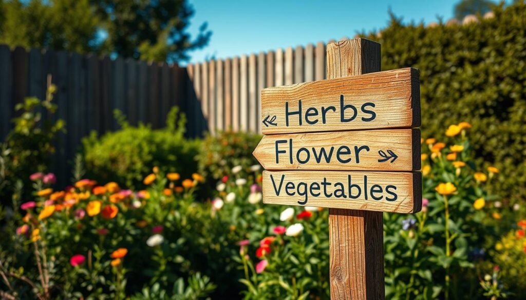 A rustic wooden garden sign post standing elegantly in a vibrant outdoor garden. The sign post is adorned with delicate, hand-painted arrows pointing toward various garden features like "Herbs," "Flowers," and "Vegetables." In the foreground, the sun casts soft, warm light on the weathered wood, enhancing its character and natural grain. The middle ground features lush greenery and blooming flowers, with a variety of colors creating a cheerful atmosphere. In the background, a gentle, blurred glimpse of a wooden fence and shrubbery adds depth without distracting from the sign. The overall mood is inviting and serene, embodying the charm of a personal backyard oasis under a clear blue sky.