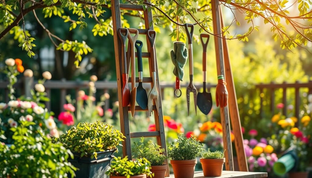 A rustic wooden ladder repurposed as a garden tool display, beautifully adorned with an array of gardening tools like trowels, pruners, and gloves hanging from its rungs. The foreground features freshly potted herbs, while the middle showcases the ladder standing against a softly blurred backdrop of a vibrant garden filled with blooming flowers and greenery. Soft sunlight filters through the branches overhead, casting warm, natural light throughout the scene, highlighting the textures of the wood and tools. The angle is slightly elevated, providing a clear view of the display and the surrounding garden ambiance. The overall mood is inviting and organized, illustrating a clean and functional backyard workspace alive with the essence of gardening.