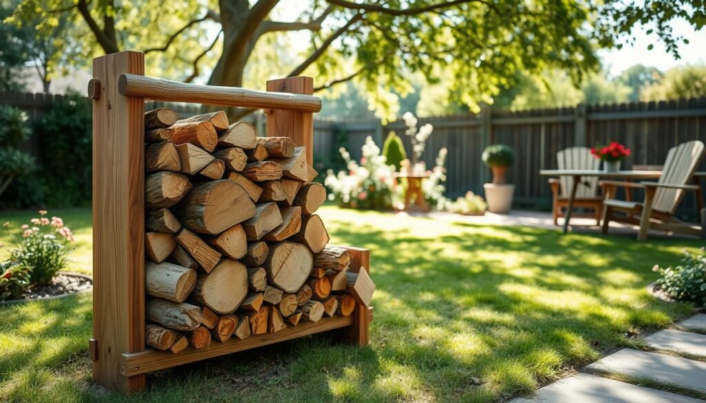 A rustic wooden log rack stands prominently in the foreground, constructed from weathered timber with a natural finish. The logs are neatly stacked, showcasing a mix of sizes and textures, creating a sense of organized charm. In the middle ground, a serene backyard setting features a lush green lawn and flowering plants, enhancing the rustic aesthetic. Soft sunlight filters through the leaves of nearby trees, casting gentle shadows and illuminating the wooden structure. The background reveals a cozy garden with classic wooden furniture, further emphasizing the outdoor theme. Overall, the scene conveys a warm, inviting atmosphere, perfect for a DIY project, with a focus on natural materials and craftsmanship. The image is crisp and clear, captured in vibrant detail, showcasing the beauty of outdoor living.