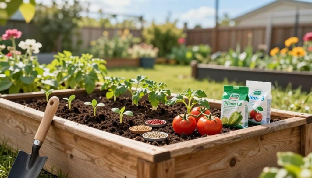 A rustic wooden raised garden bed brimming with organic gardening amendments like rich, dark compost, nutrient-rich soil, and small bags of natural fertilizers scattered nearby. In the foreground, a garden trowel rests against the side of the bed, while a variety of vegetable seeds, such as tomatoes and peppers, can be seen ready for planting. The middle ground features a bright, sunlit garden, filled with vibrant green plants and sprouting seedlings peeking out from the soil. In the background, a soft-focus view of a backyard with blooming flowers and a clear blue sky adds depth. The scene is illuminated by warm, soft sunlight, creating an inviting and serene atmosphere, perfect for gardening enthusiasts.