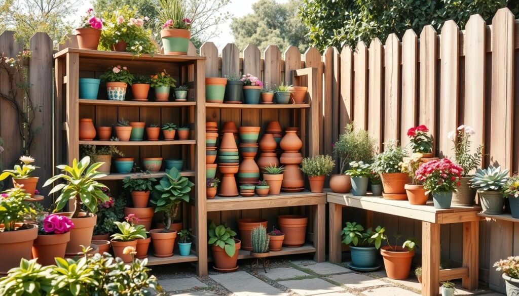 A rustic wooden storage shelf designed for garden pots, filled with colorful ceramic and terracotta pots of various sizes, organized neatly in a corner of a quaint backyard. In the foreground, the shelf showcases pots with vibrant flowers and lush greenery, while the middle features an array of pots stacked harmoniously. The background displays a beautiful garden with blooming plants and a soft wooden fence, bathed in warm, natural sunlight that creates a serene atmosphere. Soft shadows enhance the depth, and the image captures the inviting feeling of an organized gardening space. Shot with a wide-angle lens to showcase the entire shelf and garden, emphasizing the beauty of outdoor organization and decor.
