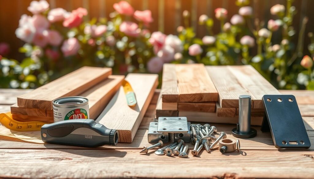 A rustic wooden tabletop displaying essential materials for a DIY wooden planter box. In the foreground, various types of untreated wood planks, including cedar and pine, neatly arranged with a measuring tape and a small hand saw. A can of wood stain and a set of painter’s brushes rest beside them. In the middle ground, a set of metal brackets and screws is showcased, glimmering softly in the natural sunlight. The background features a blurred out garden setting with blooming flowers, hinting at the future use of the planter box. Soft, warm sunlight permeates the scene, creating an inviting atmosphere ideal for beginners eager to start their woodworking project. The image captures a sense of creativity and inspiration, emphasized by the airy, well-lit environment.
