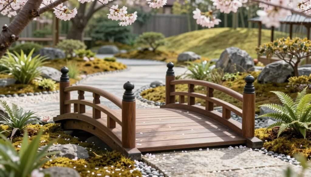 A serene Japanese miniature garden bridge crafted from rich, dark wood, adorned with elegant curves and a traditional arched design. In the foreground, delicate cherry blossom petals scattered gently around the bridge, while lush greenery, including ferns and small ornamental plants, envelops the scene. The middle ground features a tranquil stone pathway leading to the bridge, flanked by carefully arranged pebbles and vibrant moss. The background showcases a softly blurred, peaceful Japanese garden setting with a hint of gentle rolling hills and distant bamboo structures. The scene is illuminated by bright, diffused natural light of a sunny afternoon, casting soft shadows that enhance the textures of the wood and foliage. The overall mood is calm and inviting, ideal for inspiring backyard landscaping ideas.