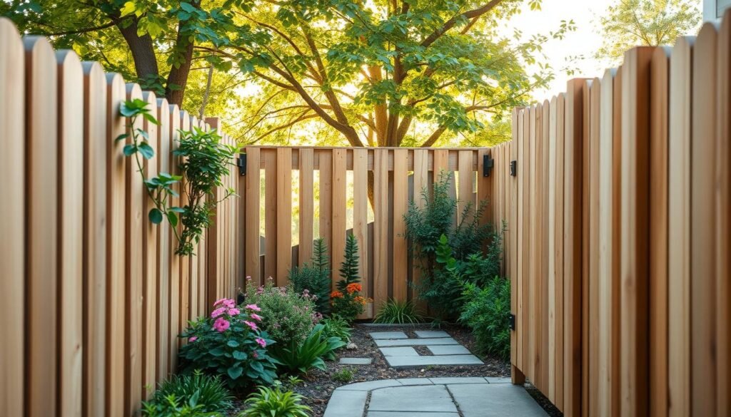 A serene and inviting backyard setting featuring a minimalist wooden fence style, designed for small courtyards. In the foreground, show a well-crafted, smooth wooden fence with clean lines and natural textures, complementing the garden's charm. The middle ground displays lush greenery—colorful flowering plants and small shrubs—adding a splash of color against the fence, while a neatly paved pathway leads to the fence. In the background, soft sunlight filters through leafy trees, creating warm, dappled lighting. Capture the scene from a slightly elevated angle, showcasing the fence’s height and design. The atmosphere is tranquil and welcoming, perfect for a cozy outdoor space. No text or watermarks.