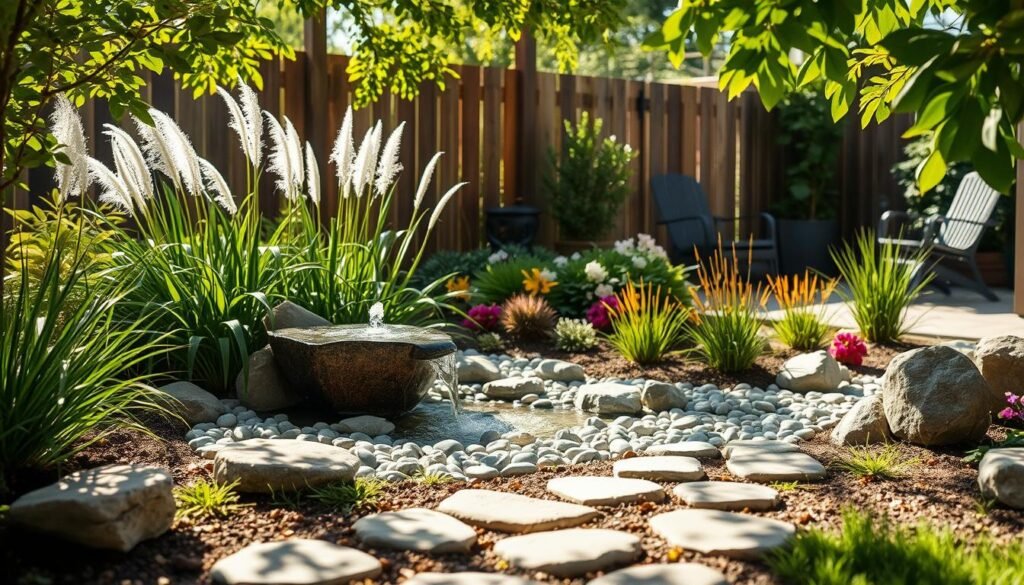 A serene and inviting garden scene featuring a stylish pondless water feature in a small backyard. In the foreground, delicate stones create a natural path leading to a soft, bubbling fountain that elegantly cascades water over smooth pebbles, reflecting the sunlight. In the middle, lush greenery surrounds the water feature, with ornamental grasses and flowering plants adding vibrant pops of color, enhancing the tranquil atmosphere. The background showcases a wooden fence and a couple of garden chairs, bathed in bright, natural light with soft sunlight filtering through leaves, creating playful dappled shadows. The mood is peaceful and rejuvenating, perfect for enjoying nature. The image should be shot from a slightly elevated angle to capture the overall design and layout, ensuring a sense of spaciousness in this small backyard oasis.