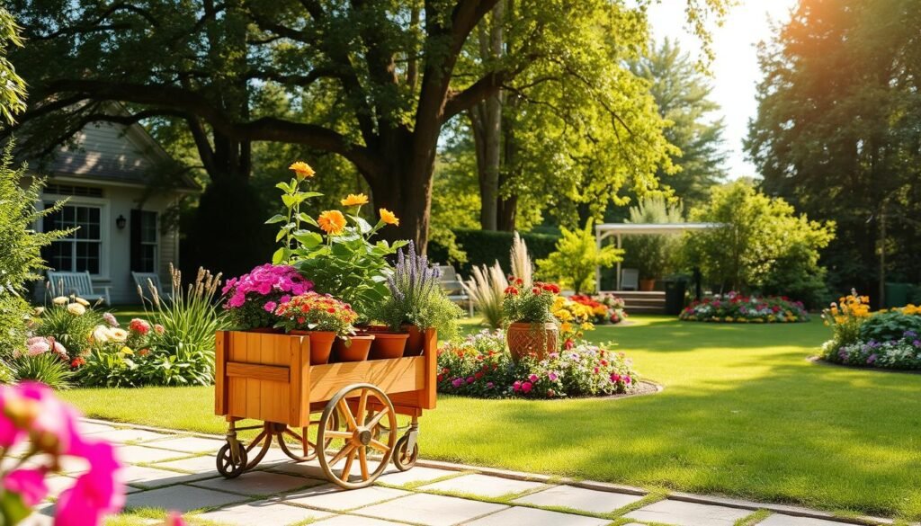 A serene and inviting garden yard featuring a beautifully crafted DIY rolling plant cart filled with vibrant potted plants. In the foreground, the cart is made of warm wood and has wheels that glide easily, surrounded by lush greenery and colorful flowers. The middle ground showcases flowerbeds bursting with seasonal blooms and neatly trimmed grass, while the background reveals tall trees providing dappled sunlight. Soft sunlight filters through the leaves, creating a warm and welcoming atmosphere. The scene is captured in a wide-angle view, emphasizing depth, with a slight upward tilt to highlight the sky. The overall mood is peaceful and joyful, perfect for a lush garden setting. A serene and inviting garden yard featuring a beautifully crafted DIY rolling plant cart filled with vibrant potted plants. In the foreground, the cart is made of warm wood and has wheels that glide easily, surrounded by lush greenery and colorful flowers. The middle ground showcases flowerbeds bursting with seasonal blooms and neatly trimmed grass, while the background reveals tall trees providing dappled sunlight. Soft sunlight filters through the leaves, creating a warm and welcoming atmosphere. The scene is captured in a wide-angle view, emphasizing depth, with a slight upward tilt to highlight the sky. The overall mood is peaceful and joyful, perfect for a lush garden setting.