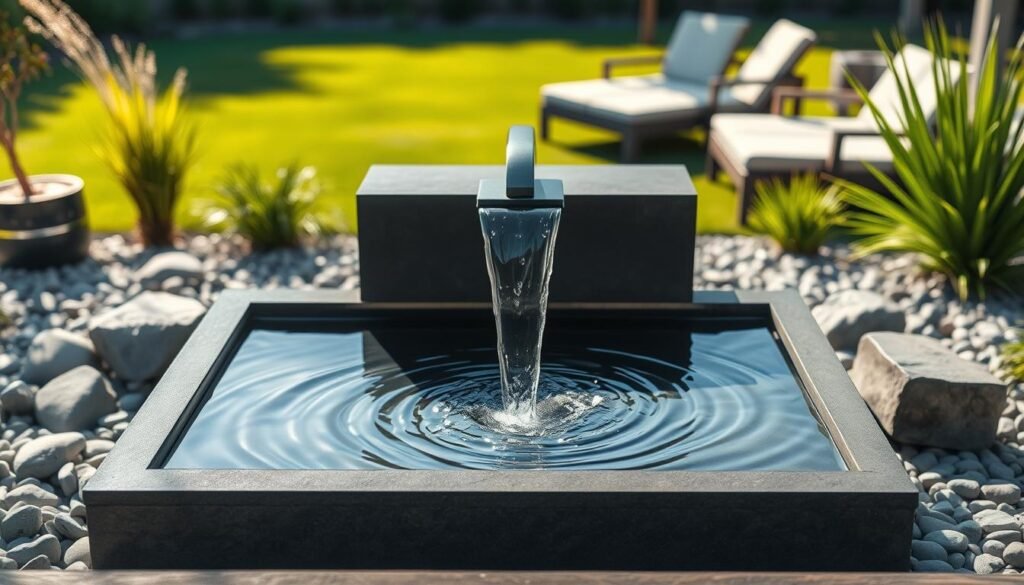 A serene and modern garden water feature designed for small backyard spaces. In the foreground, a sleek, rectangular basin made of dark stone, with gentle ripples reflecting soft sunlight. The middle part showcases a stylish water spout that elegantly arches over the basin, with water cascading down in a calming stream. Surrounding the feature, minimalist landscaping includes smooth pebbles and lush green plants, adding a touch of nature. In the background, a softly blurred scene of a well-maintained lawn and contemporary garden furniture frames the space, enhancing the contemporary feel. The atmosphere exudes tranquility and sophistication, illuminated by bright, natural light. Captured with a wide-angle lens to emphasize the feature's modern design.