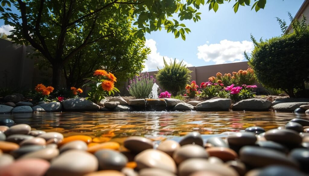 A serene and simple water feature nestled within a small backyard garden, showcasing a gently bubbling stone fountain surrounded by lush greenery. In the foreground, smooth pebbles frame the fountain, reflecting the soft sunlight that dapples through overhead leaves. The middle ground features vibrant flowers in various colors, along with small shrubs that provide a cozy, inviting atmosphere. In the background, a clear blue sky with a few fluffy clouds enhances the tranquil mood. The scene is captured from a low angle, emphasizing the water's reflective shimmer and creating a sense of depth. The overall lighting is bright and airy, conveying a warm, peaceful vibe perfect for a garden oasis.