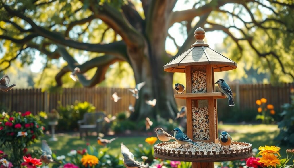 A serene backyard bird sanctuary brimming with life. In the foreground, a beautifully crafted wooden bird feeder station filled with various seeds, surrounded by colorful flowers and lush greenery. In the middle ground, cheerful birds of different species—such as sparrows, finches, and blue jays—playfully flitting around, perched on the feeder and nearby branches. The background features a gently swaying oak tree, partially shaded by soft sunlight filtering through the leaves, creating a warm, inviting atmosphere. The scene is captured in bright natural light, giving an airy feel to the composition, emphasizing the joy of providing a dedicated feeding area for local wildlife. Use a wide-angle lens to enhance the depth of field, ensuring a vibrant, clear view of this tranquil oasis.