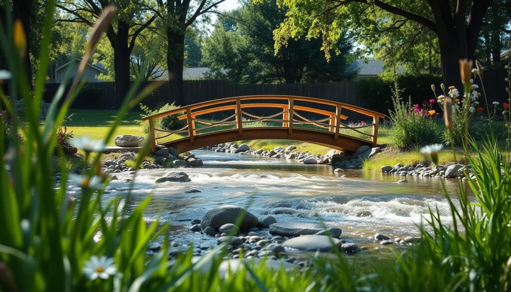 A serene backyard creek landscape featuring a charming DIY garden bridge gracefully spanning the gentle waters. In the foreground, lush green grasses and colorful wildflowers frame the scene, while pebbles glisten under the soft sunlight. The middle ground showcases the wooden bridge, intricately designed with curved railings, creating an inviting focal point above the flowing creek. In the background, tall trees provide a natural canopy, their leaves dappled with light, enhancing the tranquil atmosphere. The image is captured from a low angle to emphasize the bridge's craftsmanship and the reflections on the water, creating a warm and peaceful ambiance, with bright natural light illuminating the entire scene.