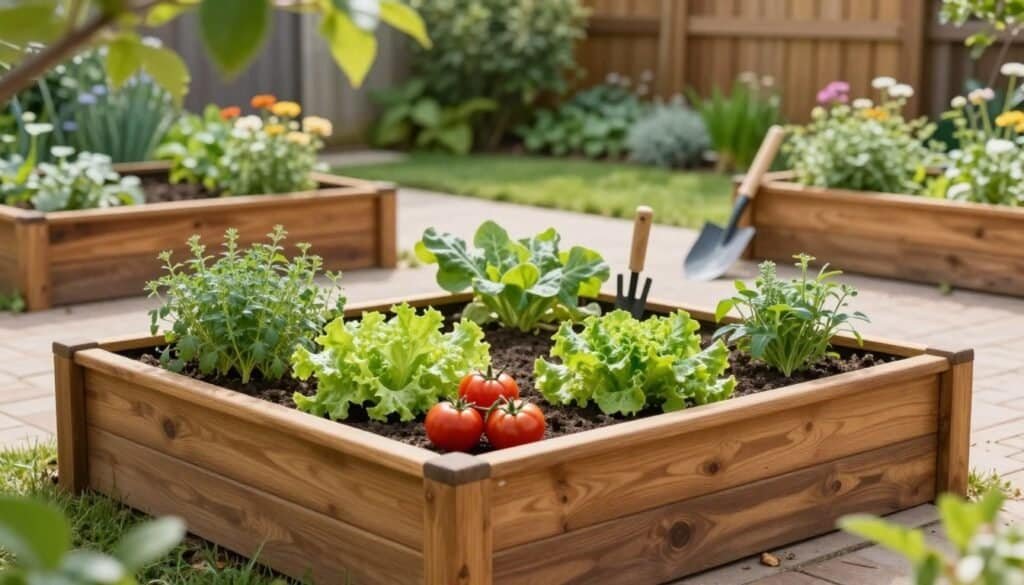A serene backyard garden scene featuring a beautifully designed raised bed gardening frame positioned in the foreground, made of rich, natural wood. Lush green vegetables like tomatoes, lettuce, and herbs are flourishing within the bed, showcasing the potential of raised gardening. In the middle ground, a pair of gardening tools rests casually on a well-trodden path, hinting at recent activity. The background reveals a softly blurred landscape of flowering plants and a wooden fence, enhancing the tranquil atmosphere. The scene is illuminated with bright, natural light and soft sunlight filtering through the leaves of nearby trees, creating an inviting and airy mood, ideal for a DIY gardening inspiration. Use a slightly elevated angle to capture the layout effectively, highlighting the benefits of raised garden beds.