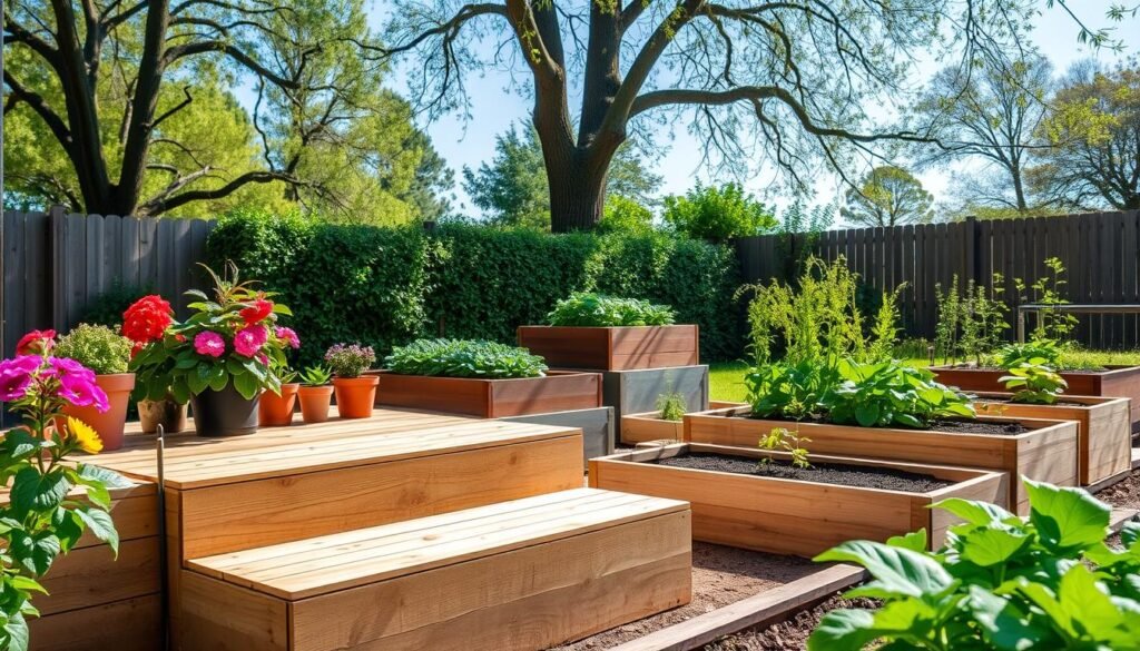A serene backyard garden scene featuring a well-designed step platform for easy access to raised garden beds. In the foreground, the wooden step platform, crafted from natural timber, has multiple levels and is surrounded by vibrant potted flowers and leafy plants. The middle ground showcases lush green vegetable beds, with soft soil and healthy plants at varying heights, emphasizing the functionality of the platform. In the background, a clear blue sky is visible through gentle branches of nearby trees, allowing soft natural light to illuminate the scene. The atmosphere is calm and inviting, reflecting a perfect day for gardening. The composition captures the essence of strategic placement and usability, encouraging a sense of harmony between gardening and outdoor living.