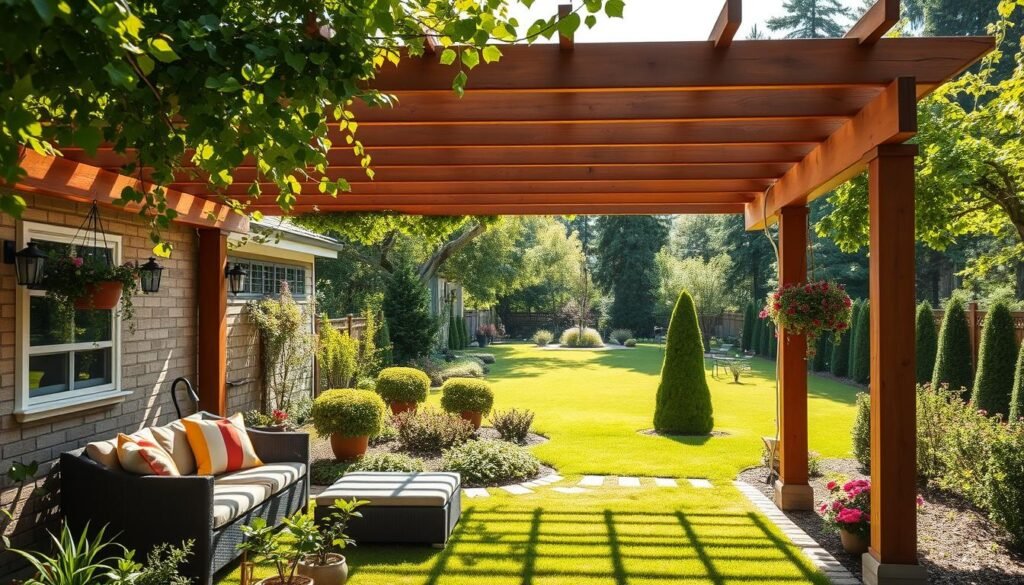 A serene backyard patio featuring a beautifully crafted wooden pergola adorned with climbing vines and hanging planters. In the foreground, a cozy seating area with stylish outdoor furniture and colorful cushions invites relaxation. The middle ground showcases a lush garden with flowering plants and manicured shrubs, seamlessly blending into the patio space. In the background, a gentle green lawn and tall trees provide a peaceful backdrop. The scene is awash in bright, natural light with soft sunlight filtering through the leaves, creating dappled shadows on the ground. The overall atmosphere is warm, inviting, and tranquil, perfect for long-term enjoyment in a landscaped oasis. The perspective is shot at a slightly elevated angle to capture the entire layout, emphasizing the harmony between the pergola and its surroundings. A serene backyard patio featuring a beautifully crafted wooden pergola adorned with climbing vines and hanging planters. In the foreground, a cozy seating area with stylish outdoor furniture and colorful cushions invites relaxation. The middle ground showcases a lush garden with flowering plants and manicured shrubs, seamlessly blending into the patio space. In the background, a gentle green lawn and tall trees provide a peaceful backdrop. The scene is awash in bright, natural light with soft sunlight filtering through the leaves, creating dappled shadows on the ground. The overall atmosphere is warm, inviting, and tranquil, perfect for long-term enjoyment in a landscaped oasis. The perspective is shot at a slightly elevated angle to capture the entire layout, emphasizing the harmony between the pergola and its surroundings.