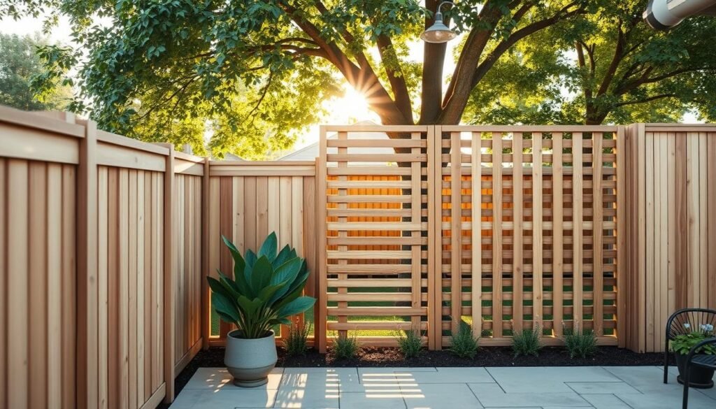 A serene backyard patio featuring beautifully crafted DIY privacy screen walls made of natural wood slats, arranged in a modern geometric pattern. In the foreground, a low-maintenance potted plant sits beside the elegant fence, while the middle ground showcases the privacy panels, tall enough to provide a cozy atmosphere. In the background, a well-manicured garden is visible, bathed in soft, warm sunlight filtering through the leaves of nearby trees. The scene captures an inviting and tranquil mood, with the fencing enhancing the sense of personal space. The perspective is slightly elevated, offering a clear view of both the privacy screens and the flourishing plants, showcasing the seamless blending of nature and handcrafted design. Ideal composition for a peaceful outdoor retreat.