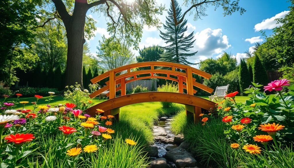 A serene backyard scene featuring a charming wooden garden bridge nestled among lush greenery. In the foreground, the bridge, crafted from warm-toned timber, arches gracefully over a small flower-filled creek. Bright, colorful flowers blossom on either side of the path leading to the bridge, with a variety of plants creating a vibrant and inviting atmosphere. In the middle ground, soft sunlight filters through the leaves of tall trees, casting gentle shadows on the ground. In the background, a clear blue sky and fluffy white clouds enhance the peaceful setting. The image is captured from a low angle, emphasizing the bridge and inviting viewers to envision their own DIY project. The overall mood is tranquil, warm, and inspiring, perfect for backyard landscaping ideas.