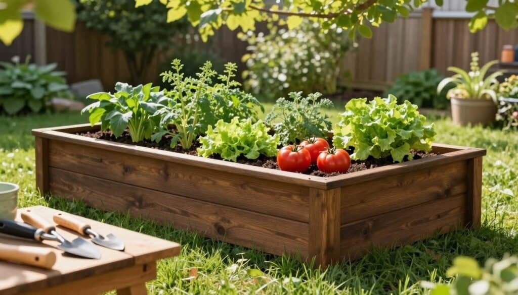 A serene backyard scene featuring a classic DIY raised garden bed made of rich, dark wooden planks, neatly constructed and filled with vibrant vegetables like tomatoes, lettuce, and herbs. In the foreground, a set of hand tools neatly arranged on a wooden workbench, hinting at the construction process. The middle ground showcases the raised bed in detail, with soil visibly layered and plants thriving, surrounded by healthy green grass. In the background, soft sunlight filters through leafy trees, casting gentle shadows and creating a warm, inviting atmosphere. The image captures the essence of home gardening, emphasizing a connection to nature and hands-on craftsmanship, all under a bright, airy sky, promoting a hopeful and productive gardening spirit.