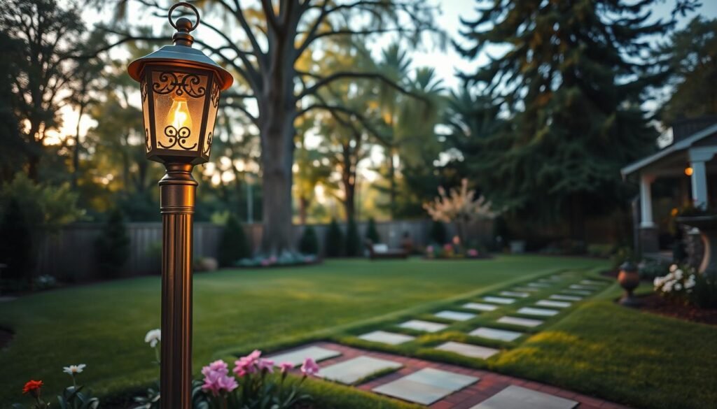 A serene backyard scene featuring an elegant lantern post as the focal point. In the foreground, the lantern post stands tall, made of brushed metal with intricate designs and a warm glowing bulb, casting soft light on the surrounding area. The middle ground showcases a neatly manicured lawn with blooming flowers and stone pathways leading to the lantern. In the background, tall trees gently sway, partially illuminated by the soft sunlight filtering through their leaves, creating a calming, inviting atmosphere. The scene is captured during the golden hour, enhancing the warmth and charm of the setting. The angle is slightly low, emphasizing the height of the lantern post and the inviting ambiance of a transformed backyard perfect for gatherings or quiet evenings. A serene backyard scene featuring an elegant lantern post as the focal point. In the foreground, the lantern post stands tall, made of brushed metal with intricate designs and a warm glowing bulb, casting soft light on the surrounding area. The middle ground showcases a neatly manicured lawn with blooming flowers and stone pathways leading to the lantern. In the background, tall trees gently sway, partially illuminated by the soft sunlight filtering through their leaves, creating a calming, inviting atmosphere. The scene is captured during the golden hour, enhancing the warmth and charm of the setting. The angle is slightly low, emphasizing the height of the lantern post and the inviting ambiance of a transformed backyard perfect for gatherings or quiet evenings.