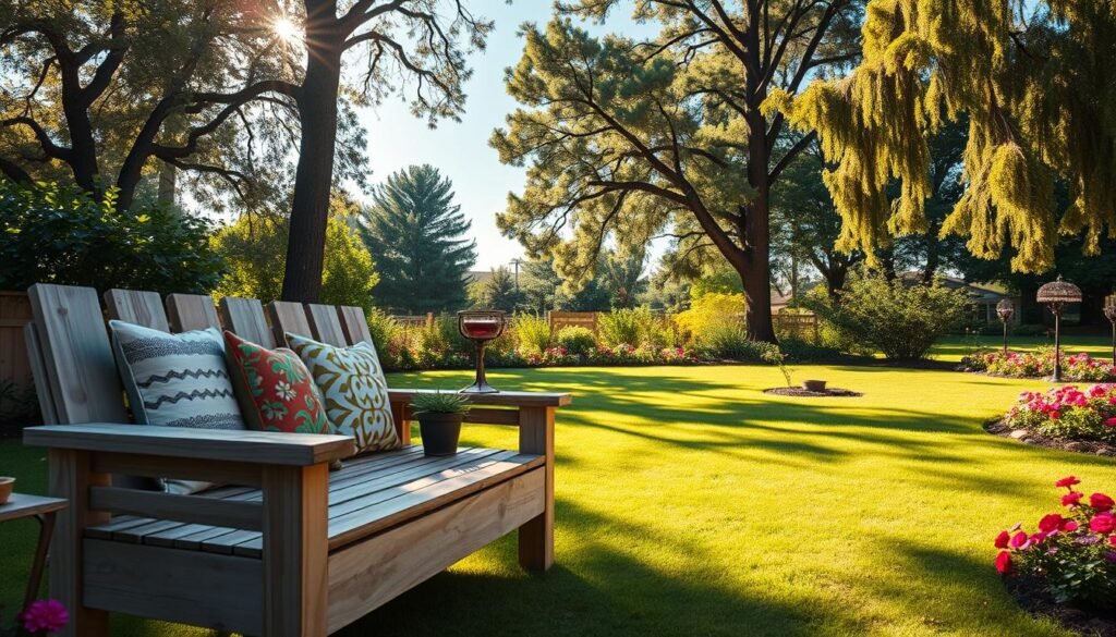 A serene backyard scene featuring homemade patio furniture designed for ultimate relaxation. In the foreground, a beautiful DIY garden bench made of weathered wood, adorned with soft, colorful cushions. Next to it, a small side table holds a refreshing beverage, with a potted plant adding a touch of greenery. The middle ground showcases a lush, manicured lawn, while flower beds in vibrant colors create a welcoming atmosphere. In the background, tall trees sway gently in a soft breeze under a bright, blue sky. The lighting is warm and inviting, with golden sunlight filtering through the leaves, casting gentle shadows. The mood is tranquil and inviting, perfect for enjoying peaceful moments outdoors. A serene backyard scene featuring homemade patio furniture designed for ultimate relaxation. In the foreground, a beautiful DIY garden bench made of weathered wood, adorned with soft, colorful cushions. Next to it, a small side table holds a refreshing beverage, with a potted plant adding a touch of greenery. The middle ground showcases a lush, manicured lawn, while flower beds in vibrant colors create a welcoming atmosphere. In the background, tall trees sway gently in a soft breeze under a bright, blue sky. The lighting is warm and inviting, with golden sunlight filtering through the leaves, casting gentle shadows. The mood is tranquil and inviting, perfect for enjoying peaceful moments outdoors.