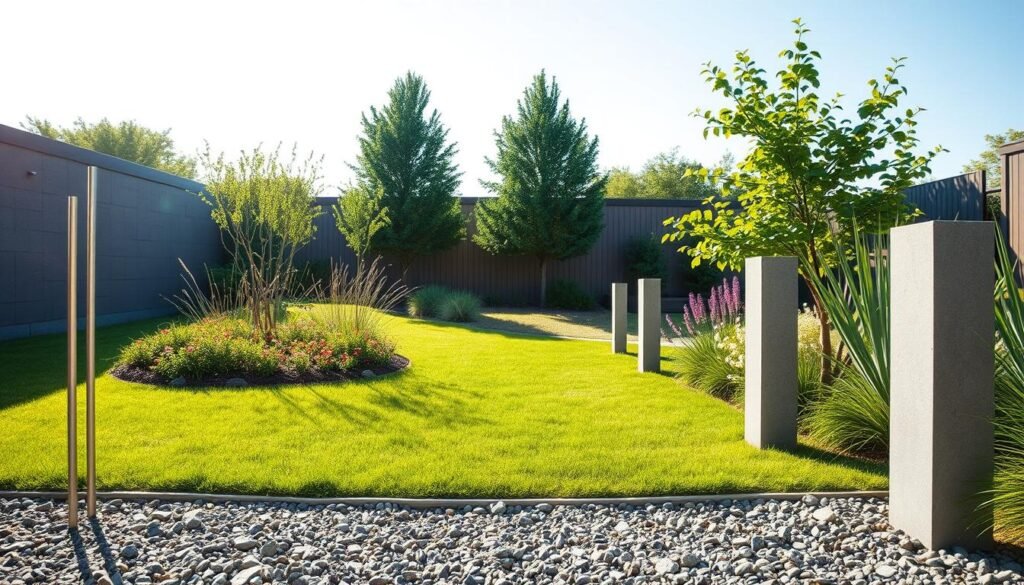 A serene backyard scene featuring modern minimalist metal and concrete garden path markers. In the foreground, sleek, simple metal stakes and rectangular concrete posts stand elegantly aligned along a gravel path, showcasing a blend of clean lines and industrial design. The middle ground reveals lush green grass and soft, textured flower beds that frame the pathway, enhancing the simplistic beauty of the markers. In the background, a few gentle trees and a clear blue sky, dappled with the warm glow of soft sunlight, create an inviting and tranquil atmosphere. The image should be bright and well-lit, capturing the essence of modern outdoor décor, with a focus on the harmony between the markers and the natural environment.