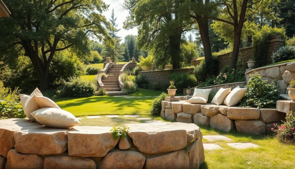 A serene backyard scene featuring rustic stone seating platforms. In the foreground, a well-crafted stone bench made of large, irregularly shaped boulders, showcasing earthy textures and colors. Scattered cushions in soft, natural tones add a cozy touch. In the middle ground, lush greenery surrounds the seating area, with climbing vines and flowering plants climbing over the stones. The background reveals a gentle slope with more subtle stone accents and tall trees basking in soft, dappled sunlight. The mood is tranquil and inviting, perfect for relaxation. The image should be captured in bright natural light, emphasizing warm tones, with an airy atmosphere that promotes a sense of peace and connection to nature. A serene backyard scene featuring rustic stone seating platforms. In the foreground, a well-crafted stone bench made of large, irregularly shaped boulders, showcasing earthy textures and colors. Scattered cushions in soft, natural tones add a cozy touch. In the middle ground, lush greenery surrounds the seating area, with climbing vines and flowering plants climbing over the stones. The background reveals a gentle slope with more subtle stone accents and tall trees basking in soft, dappled sunlight. The mood is tranquil and inviting, perfect for relaxation. The image should be captured in bright natural light, emphasizing warm tones, with an airy atmosphere that promotes a sense of peace and connection to nature.