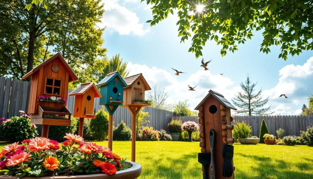 A serene backyard scene featuring several creative birdhouses in various styles, including a wooden cottage birdhouse, a colorful painted birdhouse, and a rustic log-style birdhouse. In the foreground, neatly placed flower beds with vibrant blooms attract garden birds, while a small birdhouse maintenance post is visible, showing tools like a small brush and a pair of gloves. The middle ground captures a lush, green lawn with a few trees providing shade, where birds can be seen fluttering about. The background reveals a clear blue sky with soft, fluffy clouds. The atmosphere is peaceful and inviting, bathed in bright natural light with soft sunlight filtering through leaves, evoking a sense of tranquility and care for garden wildlife.