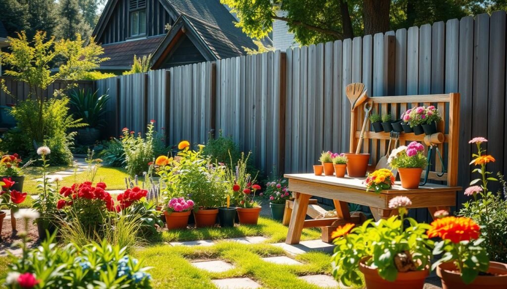 A serene backyard scene perfect for a potting bench, featuring a rustic wooden potting bench nestled against a backdrop of vibrant flower beds and potted plants. In the foreground, the bench is adorned with gardening tools and colorful pots filled with blooming flowers. The middle ground showcases lush greenery and a small path leading to the bench, inviting and functional. In the background, a wooden fence and a few tall trees filter soft sunlight, creating a warm, inviting atmosphere. The lighting is bright and natural, illuminating the scene with a cheerful, airy feel. The angle captures the bench at eye level, enhancing the sense of depth while ensuring clarity and vibrancy in the overall composition. A serene backyard scene perfect for a potting bench, featuring a rustic wooden potting bench nestled against a backdrop of vibrant flower beds and potted plants. In the foreground, the bench is adorned with gardening tools and colorful pots filled with blooming flowers. The middle ground showcases lush greenery and a small path leading to the bench, inviting and functional. In the background, a wooden fence and a few tall trees filter soft sunlight, creating a warm, inviting atmosphere. The lighting is bright and natural, illuminating the scene with a cheerful, airy feel. The angle captures the bench at eye level, enhancing the sense of depth while ensuring clarity and vibrancy in the overall composition.