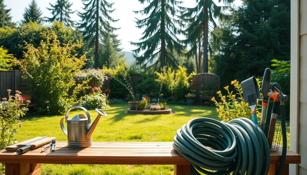 A serene backyard scene showcasing a well-maintained watering station for hoses and watering cans. In the foreground, a neatly organized wooden bench holds a variety of tools and gardening supplies, with a watering can and a coiled hose prominently displayed. The middle ground features lush greenery, colorful flowers, and a small garden bed, all bathed in soft, natural sunlight that creates a warm, inviting atmosphere. In the background, tall trees sway gently, framing the scene. The angle is slightly elevated, capturing the beauty and functionality of the watering station. The overall mood is tranquil and organized, embodying the spirit of DIY garden maintenance.