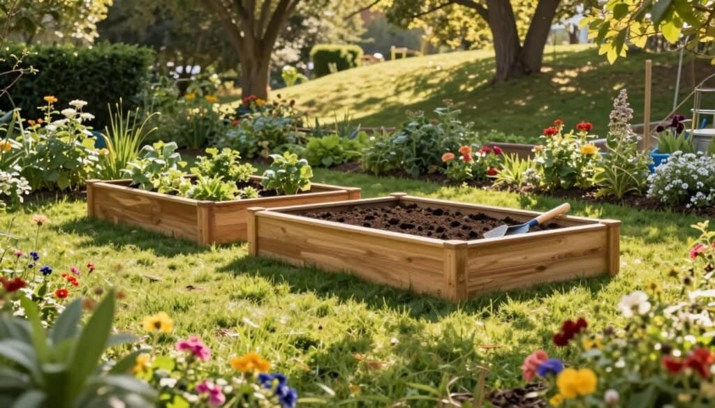 A serene backyard scene showcasing an ideal location for a raised vegetable bed frame. In the foreground, a well-maintained grassy area is framed by vibrant flowering plants, creating a lush border. The middle ground features a wooden garden bed frame filled with rich, dark soil ready for planting, with garden tools thoughtfully placed nearby. The background highlights a gentle slope with tall trees casting dappled sunlight, allowing for a warm, inviting atmosphere. Soft sunlight bathes the scene, enhancing the colors of the plants and the texture of the wood. The perspective is slightly elevated, giving a sweeping view of the garden layout while maintaining a homely feel. The overall mood conveys tranquility and readiness for gardening.
