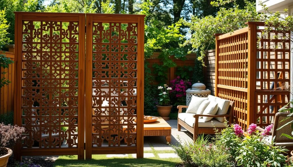 A serene backyard scene showcasing beautifully crafted wood garden screens that provide privacy. In the foreground, focus on a pair of elegantly designed wooden lattice screens, featuring intricate patterns and natural finishes. The middle ground features a cozy seating area adorned with comfortable, rustic furniture, highlighting an inviting atmosphere. In the background, lush greenery and flowering plants create a vibrant contrast against the warm wood tones. The lighting is bright and natural, with soft sunlight illuminating the scene, enhancing the textures of the wood and the foliage. The overall mood is peaceful and inviting, perfect for an intimate garden retreat. The composition should capture a wide-angle view, showcasing the beautiful integration of the screens within a carefully curated garden space. A serene backyard scene showcasing beautifully crafted wood garden screens that provide privacy. In the foreground, focus on a pair of elegantly designed wooden lattice screens, featuring intricate patterns and natural finishes. The middle ground features a cozy seating area adorned with comfortable, rustic furniture, highlighting an inviting atmosphere. In the background, lush greenery and flowering plants create a vibrant contrast against the warm wood tones. The lighting is bright and natural, with soft sunlight illuminating the scene, enhancing the textures of the wood and the foliage. The overall mood is peaceful and inviting, perfect for an intimate garden retreat. The composition should capture a wide-angle view, showcasing the beautiful integration of the screens within a carefully curated garden space.