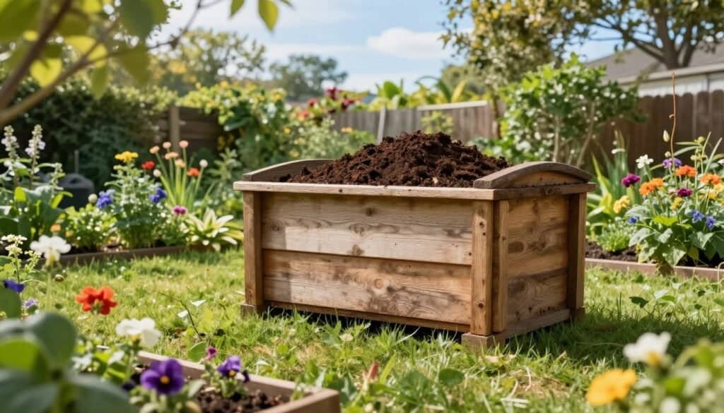 A serene backyard scene showcasing the advantages of composting, centered around a rustic wooden compost bin overflowing with rich, dark compost. In the foreground, fresh vegetables and flowers thrive, illustrating the benefits of nutrient-rich soil. The middle ground features the sturdy, handcrafted compost bin made of weathered wood, placed on a lush patch of grass, surrounded by colorful flowering plants and herbs. In the background, a bright blue sky filters soft sunlight through the leaves of nearby trees, creating a warm and inviting atmosphere. The composition should evoke a sense of natural tranquility and sustainability. Capture the scene with a wide-angle lens to emphasize the vibrant garden, all under natural, bright lighting that enhances the textures of the wood and plants.