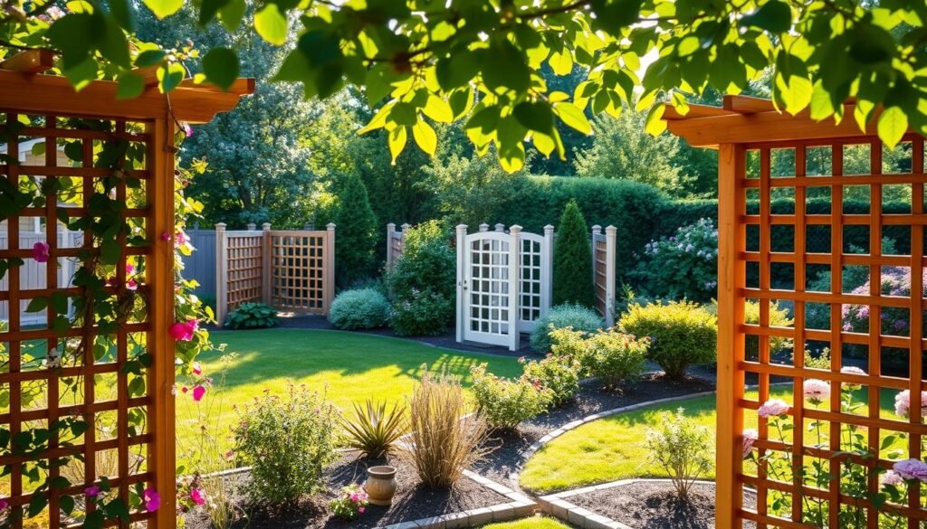 A serene backyard scene showcasing various trellis and lattice ideas for enhanced privacy. In the foreground, a beautifully constructed wooden trellis adorned with climbing vines and colorful flowers, creating a natural privacy screen. In the middle ground, several lattice panels are strategically positioned, providing stylish separation between garden areas. The background features a well-kept lawn and blooming shrubs, all bathed in soft, warm sunlight that filters through the leaves above. The atmosphere is peaceful and inviting, perfect for outdoor gatherings or quiet reflection. Use a medium shot with a slight tilt-up angle for a more dynamic perspective, capturing the interplay of light and shadows in this landscaped haven.