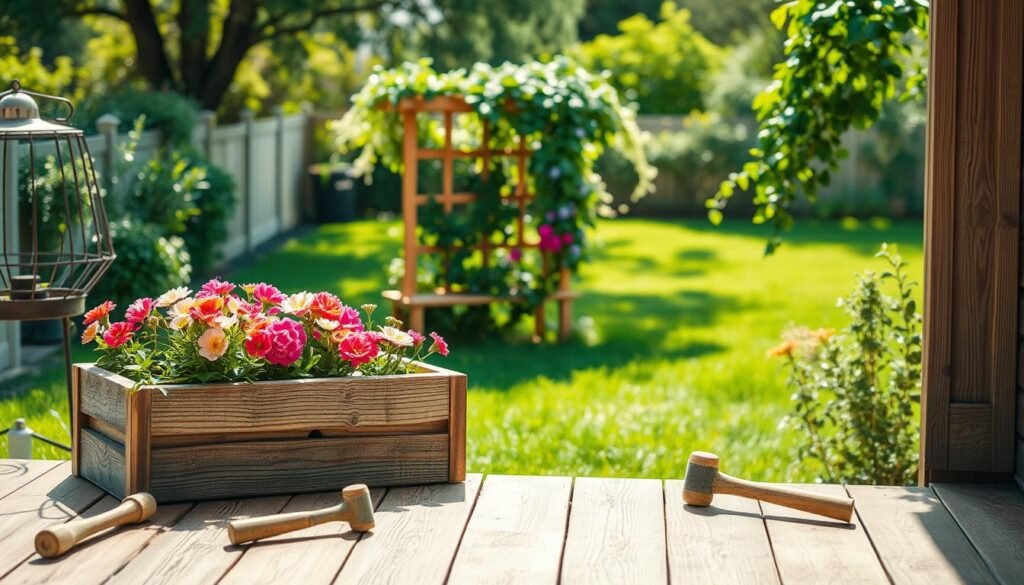A serene backyard scene showcasing wooden garden structures in need of maintenance. In the foreground, a weathered wooden planter box displays vibrant blooming flowers, with tools like a small hammer and sandpaper nearby, hinting at DIY work in progress. The middle ground features a well-kept wooden trellis draped with climbing plants, emphasizing care and longevity. In the background, a lush green lawn is bathed in bright natural light, highlighting the soft textures of the wood and foliage. The atmosphere is tranquil and inviting, with soft sunlight filtering through the trees, casting gentle shadows. The composition captures a sense of warmth and professionalism, ideal for showcasing the beauty and maintenance of wooden garden features.